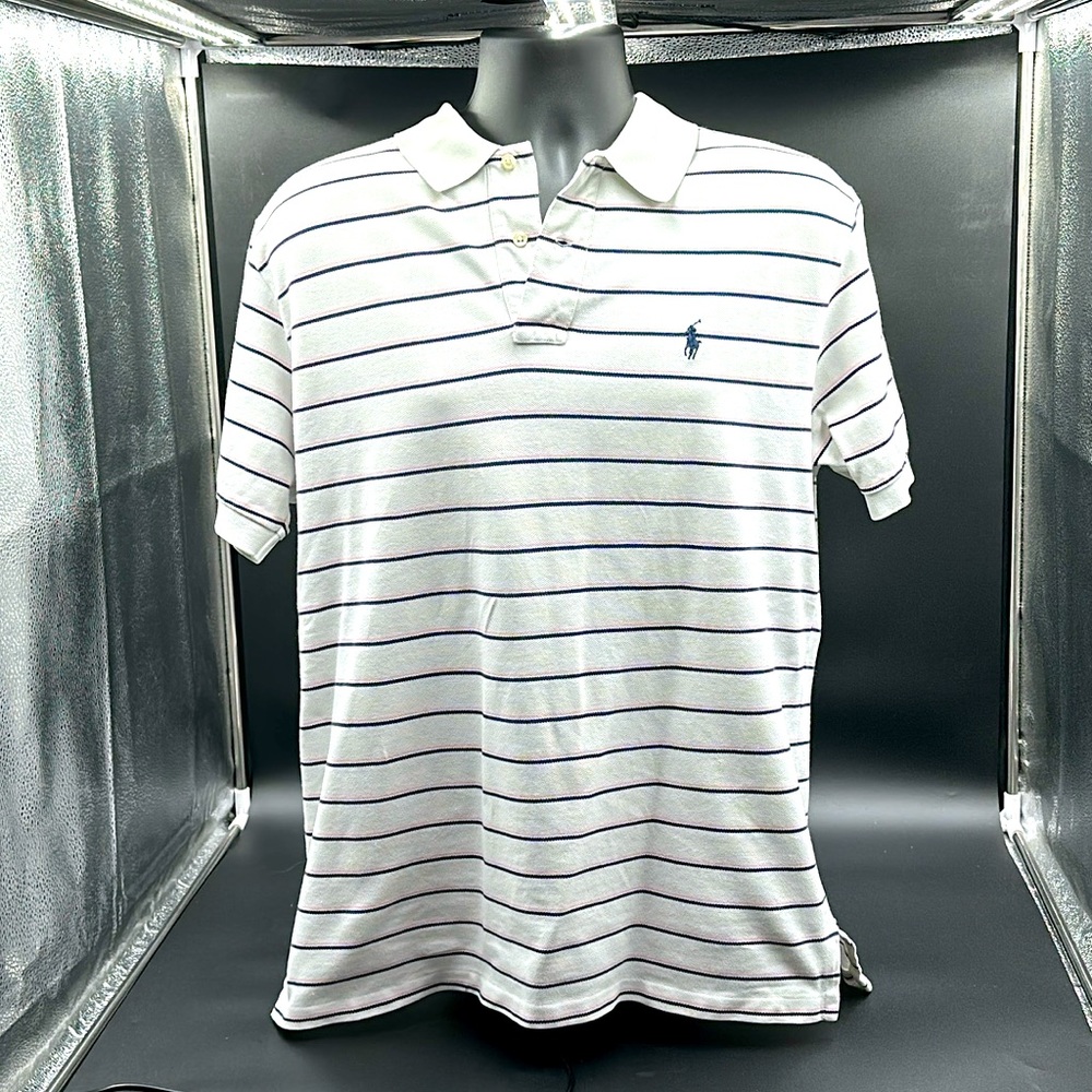 Polo by Ralph Lauren polo shirt. Size L. Mens. White/blue & pink stripes.